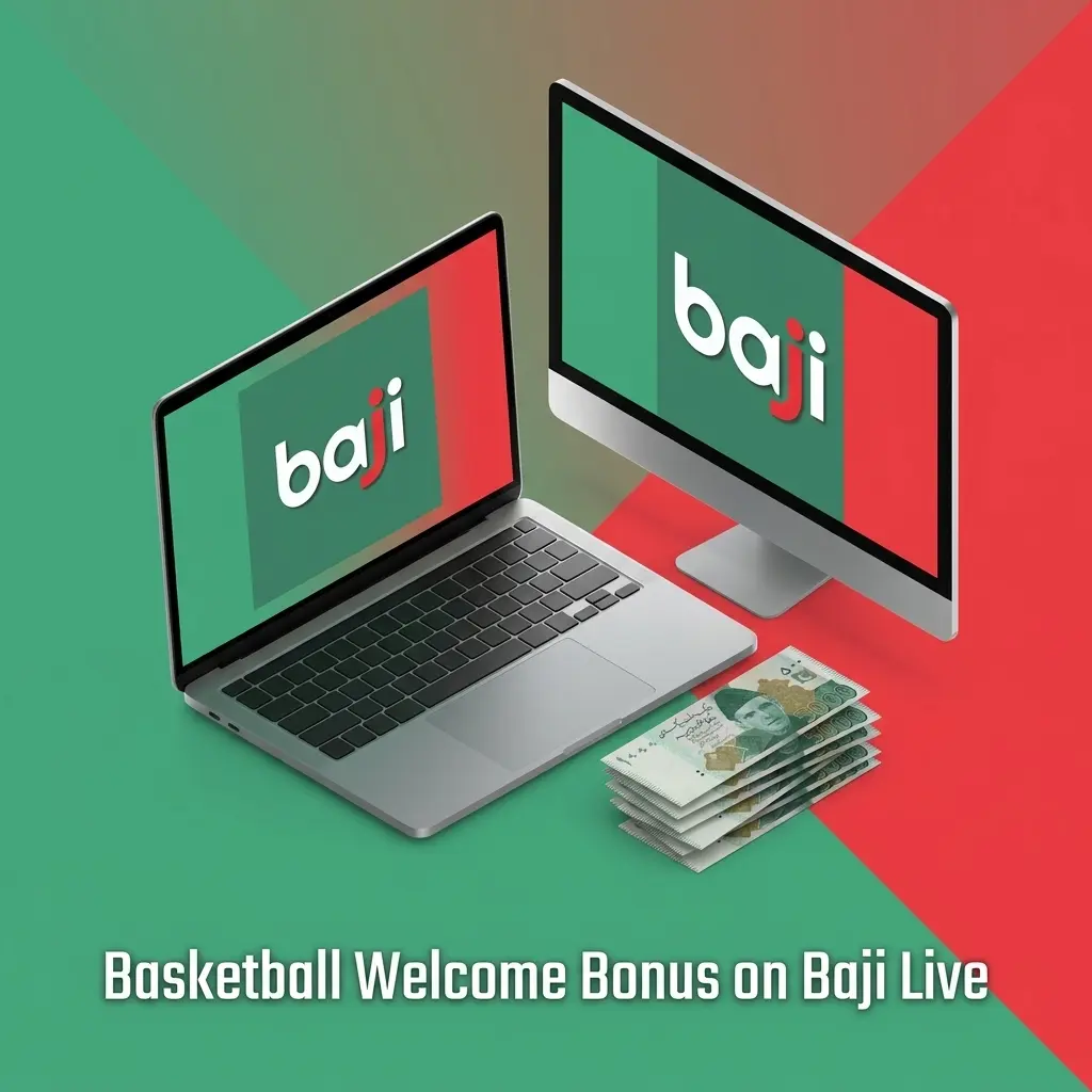 Baji Live Bonus Centre showing basketball welcome bonus details, PKR value, deposit, turnover and odds rules