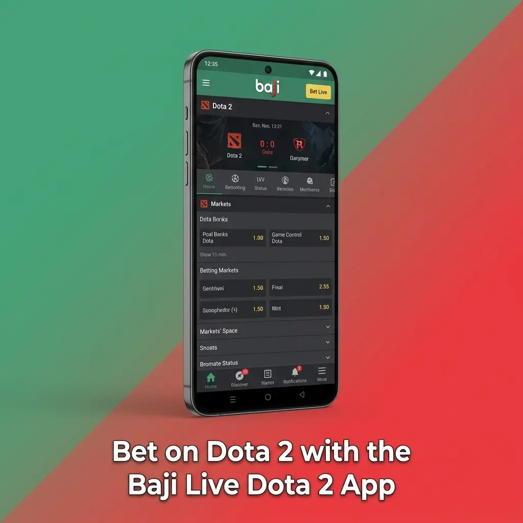Baji Live Dota 2 app showing mobile esports betting odds, bet slip, deposits, and live match markets