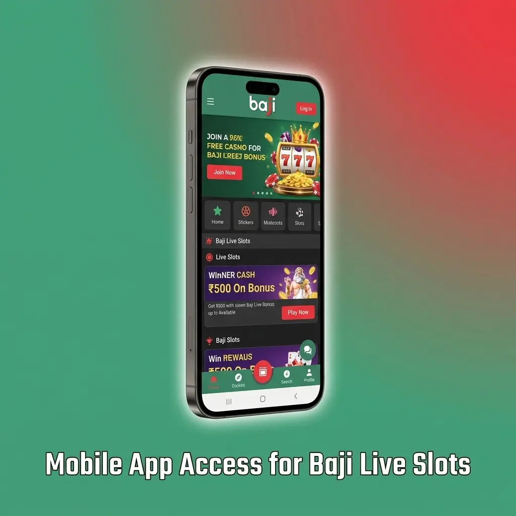Baji Live Slots mobile app showing slot lobby, provider filters, balance, deposits, and quick navigation