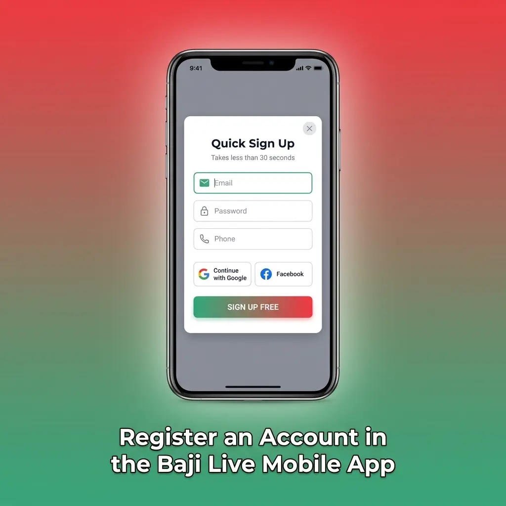 Baji Live mobile app registration screen showing fields for phone, username, password, currency, and promo code