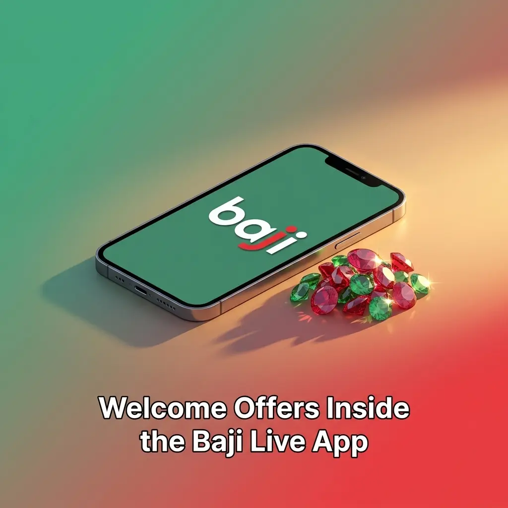 Baji Live iOS app Promotions page showing welcome offers, deposit bonus, cashback, refund bonus and free spins